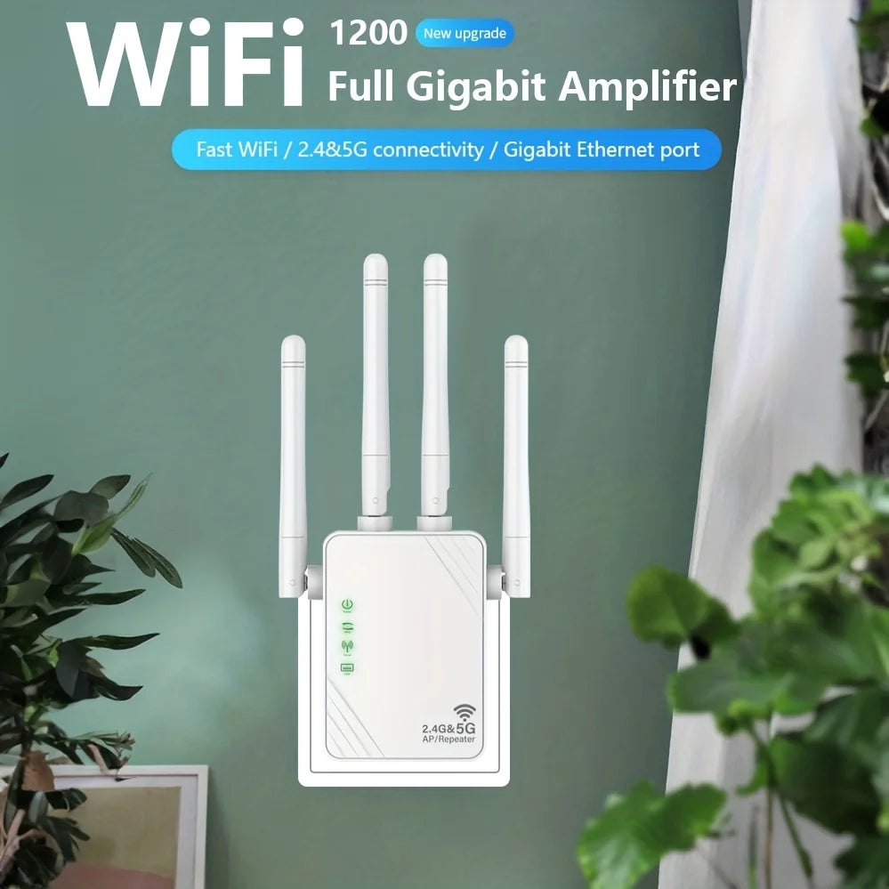 WiFi Extender 1200Mbps WiFi Signal Booster Dual Band 2.4G/5G Outdoor Signal Amplifier with Ethernet Port 360° Full Coverage