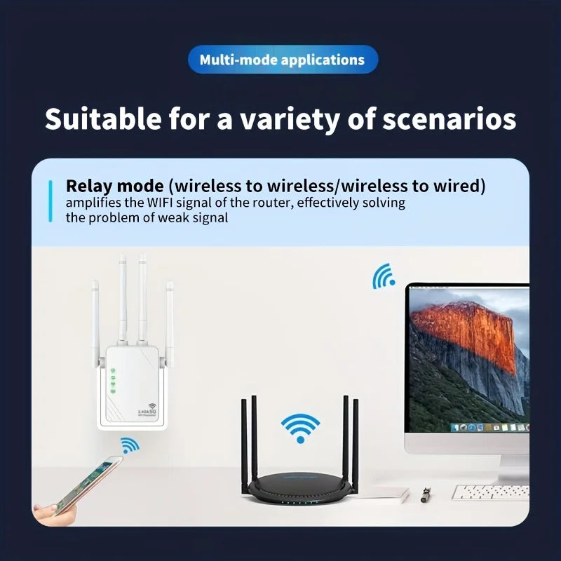 WiFi Extender 1200Mbps WiFi Signal Booster Dual Band 2.4G/5G Outdoor Signal Amplifier with Ethernet Port 360° Full Coverage