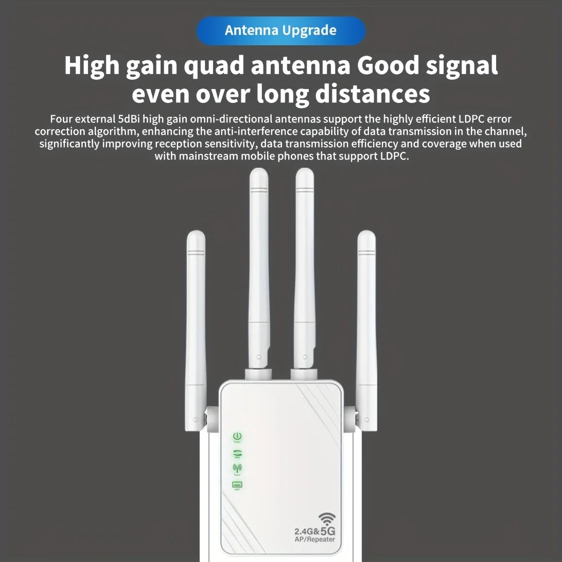 WiFi Extender 1200Mbps WiFi Signal Booster Dual Band 2.4G/5G Outdoor Signal Amplifier with Ethernet Port 360° Full Coverage